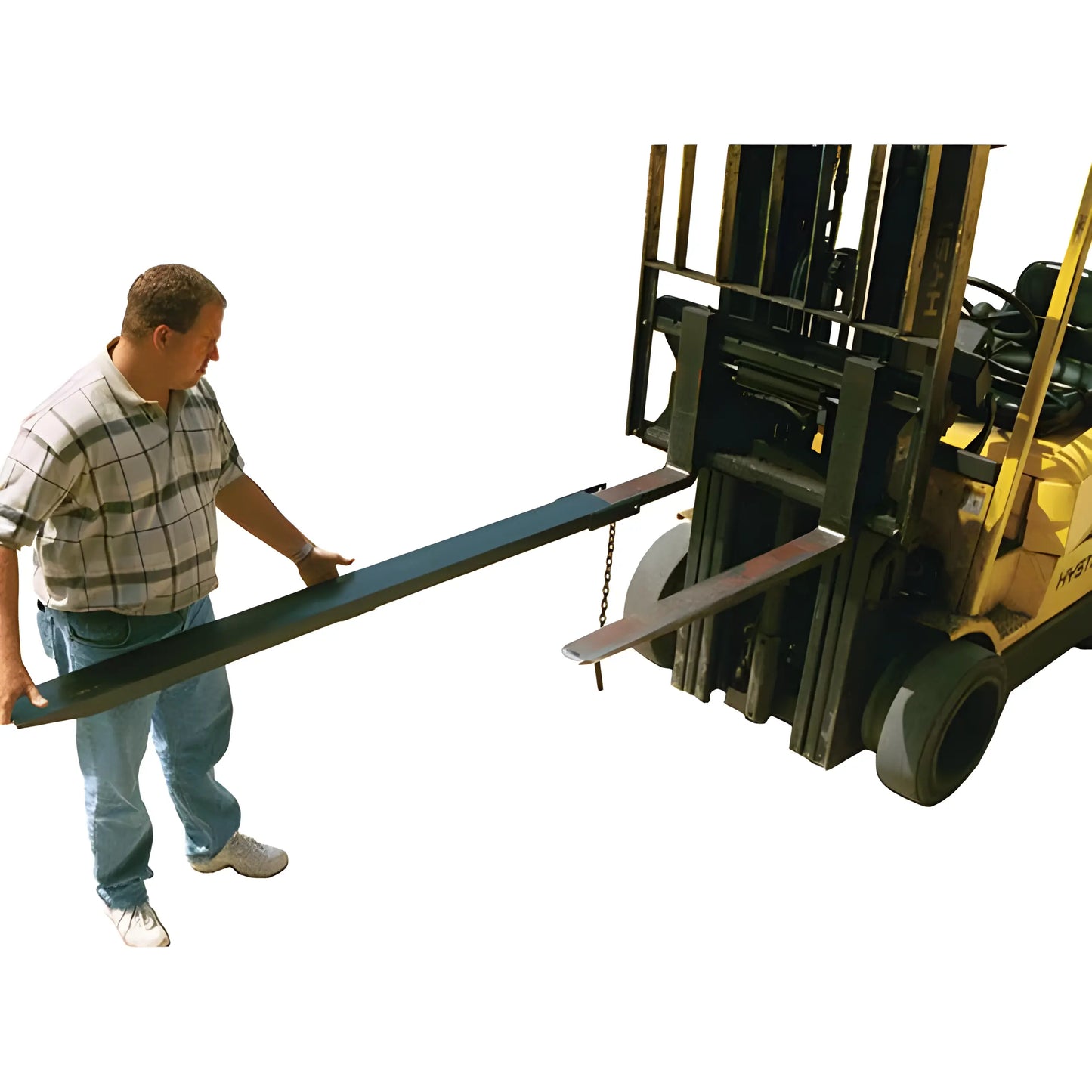 Man attaching Star Industries 1664 forklift extension to yellow forklift for handling long loads