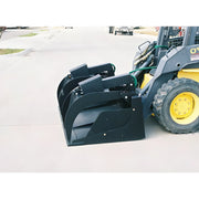 Star Industries 175-66 175-72 heavy-duty black skid steer attachments mounted on loader with yellow wheels