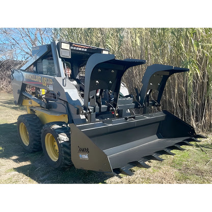 Star Industries 175-UGA skid steer grapple attachment installed on a New Holland LS170 loader outdoors