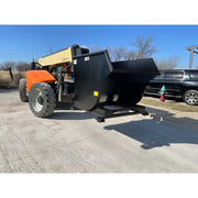 Star Industries 1805N black self-dump hopper attached to an orange and yellow forklift on concrete