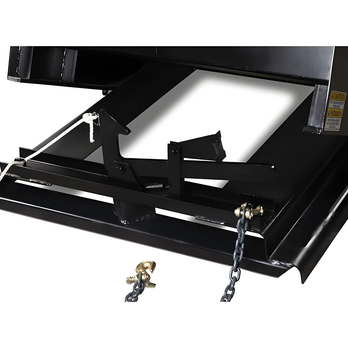 Close-up of Star Industries 1810 self-dump hopper latch and chain mechanism in black
