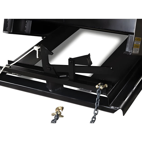 Close-up of Star Industries 1810 self-dump hopper latch and chain mechanism in black