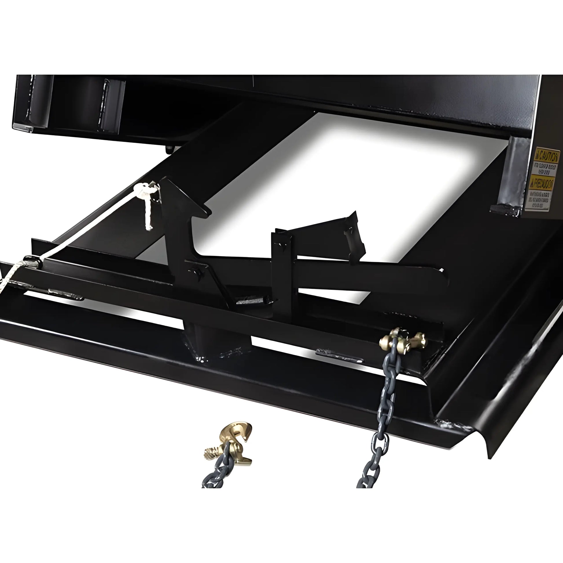 Close-up of Star Industries 1820 self-dump hopper metal latch and chain mechanism in black