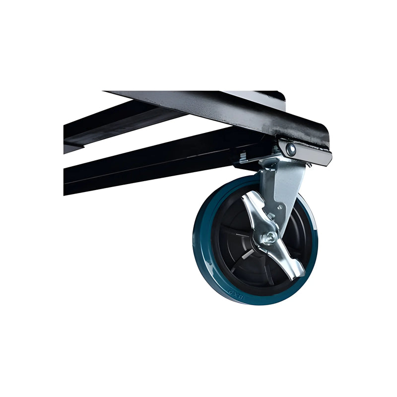 Close-up of caster wheel on Star Industries 1825 self-dump hopper with sturdy metal frame