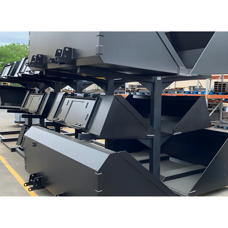 Stack of black metal industrial bins and containers by Star Industries 902 904 906 model