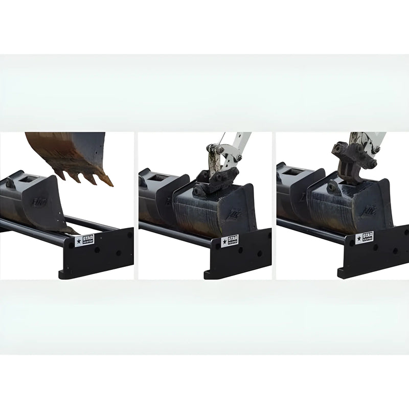 Star Industries 910B-1L 910B-2L 910B-3L excavator bucket adapter showing attachment process in three steps