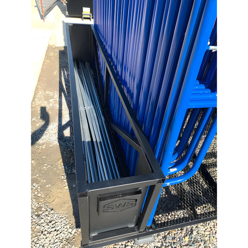 Star Industries 931 black metal storage box with blue metal pipes on gravel ground