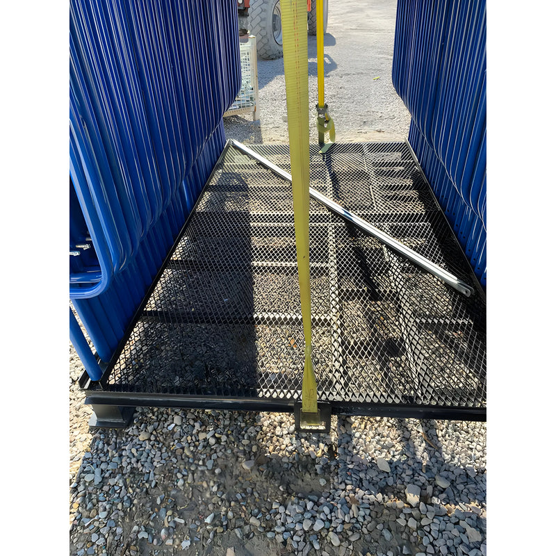 Star Industries 931 black metal mesh platform with yellow strap and blue barriers on gravel ground