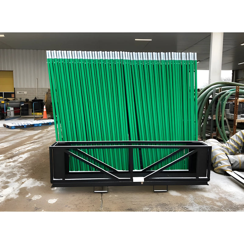 Star Industries 931 green metal rods neatly organized in a black rack in a warehouse