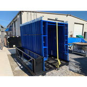 Star Industries 931 blue metal security barriers stacked on a black metal pallet outdoors