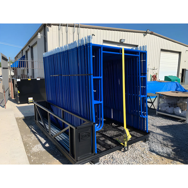 Star Industries 931 blue metal security barriers stacked on a black metal pallet outdoors