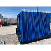 Stack of blue metal safety barriers outdoors on gravel with Star Industries 931 branding