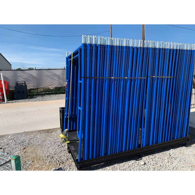 Stack of blue metal safety barriers outdoors on gravel with Star Industries 931 branding