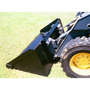 Star Industries LP22A-66 LP22A-66BOB LP22A-66T black loader bucket attachment on tractor with yellow wheel