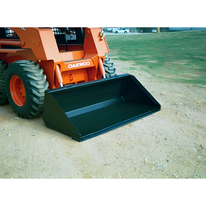 Star Industries LP22A-78 LP22A-78BOB LP22A-78T heavy duty loader bucket attached to orange Daewoo skid steer on dirt