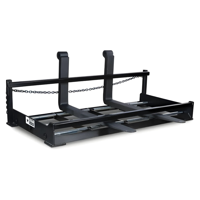 Star Industries SF101 SF101BL SF102-ITA black steel pallet fork attachment with dual forks and safety chain
