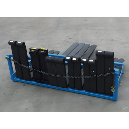 Star Industries SF101 SF101BL SF102-ITA black forklift forks organized in blue metal rack with chain locking