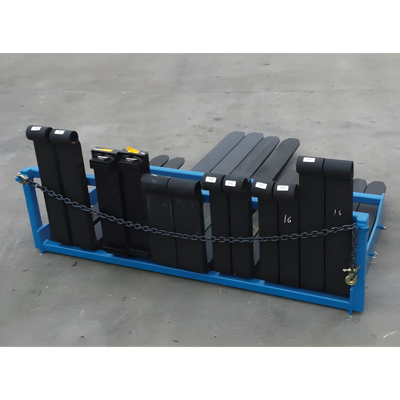 Star Industries SF101 SF101BL SF102-ITA black forklift forks organized in blue metal rack with chain locking