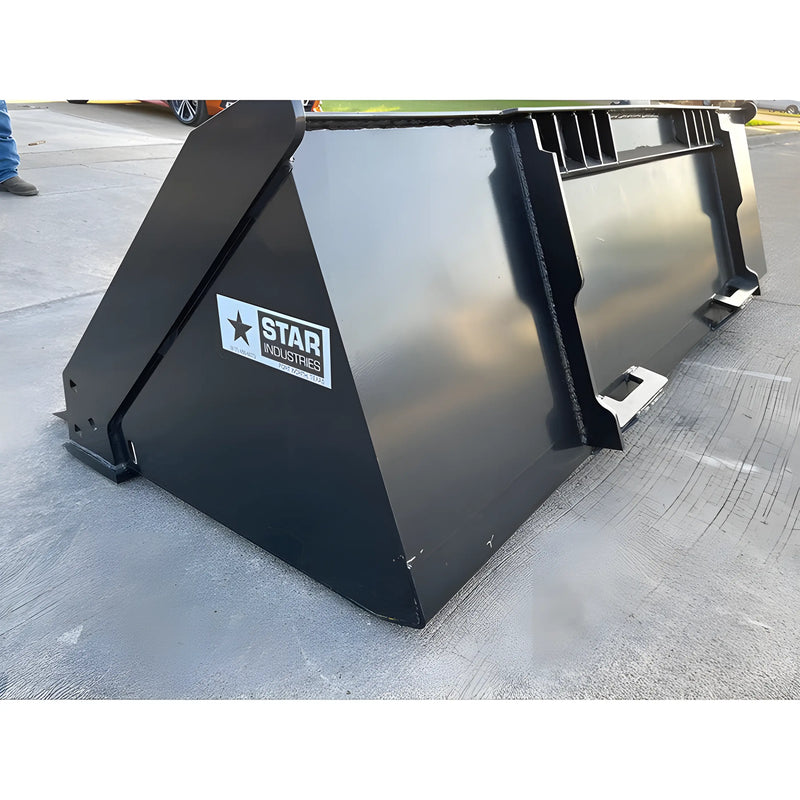 Star Industries XD-72 heavy-duty black metal loader bucket attachment on concrete