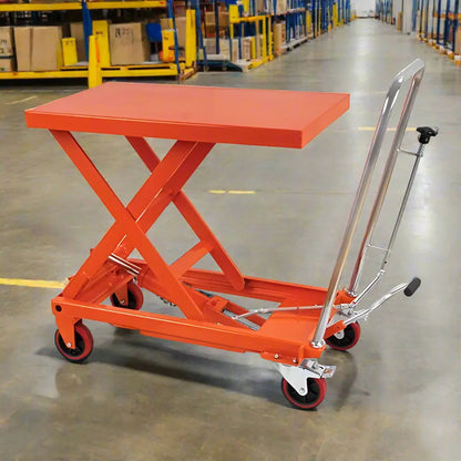 Major Lift orange scissor lift table with wheels and handle in warehouse setting